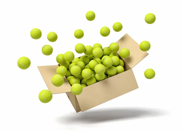 3d renderização de caixa de papelão cheio de bolas de tênis no ar . — Fotografia de Stock