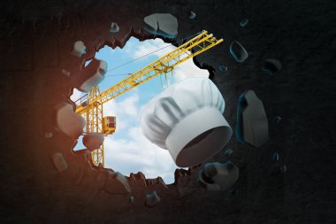 Üç boyutlu vinç, beyaz şefleri taşır ve siyah duvarı yıkar. Mavi gökyüzünde bir delik açar..