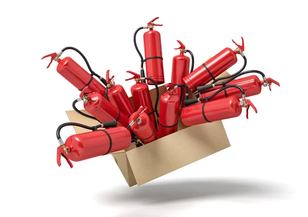 3d rendering of cardboard box in air full of red fire extinguishers which are popping out. — Stock Photo, Image