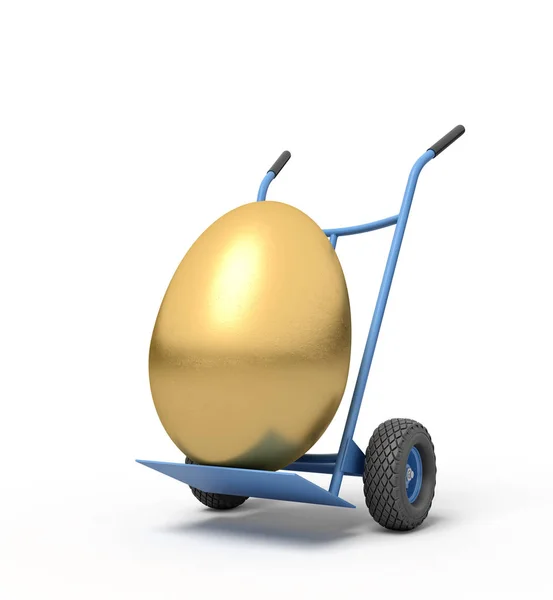 Bir el arabasındaki 3D altın yumurta. — Stok fotoğraf