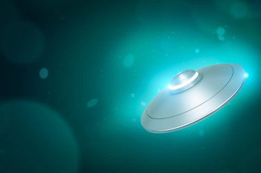 Turkuaz gradyan bokeh arkaplanı üzerinde parlayan gümüş rengi Ufo 'nun kopyası.