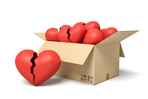 3d απόδοση χαρτονιού κουτί γεμάτο κόκκινες ραγισμένες καρδιές. — Φωτογραφία Αρχείου