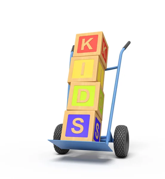 3d renderização de blocos de brinquedo alfabeto colorido mostrando sinal de jogo em um caminhão de mão — Fotografia de Stock