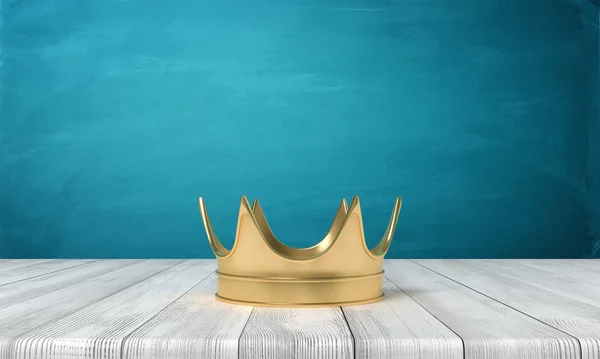 3D візуалізація золотої корони на білій дерев'яній підлозі та темно- бірюзовому фоні — стокове фото