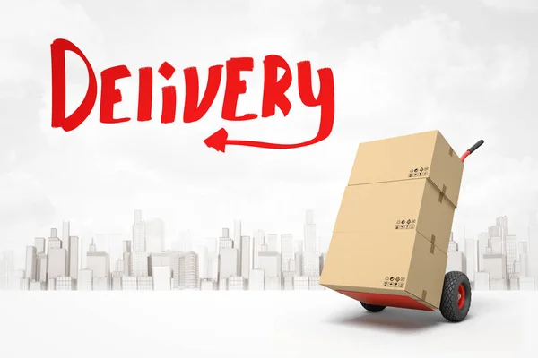 3d rendering of stack of cardboard boxes on hand truck and red title Delivery against background of gray and white modern city. — Stock Photo, Image