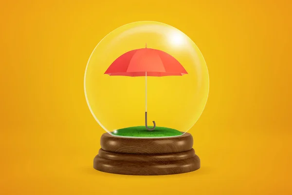 3d rendering of miniature red umbrella inside glass ball globe on amber background. — 스톡 사진