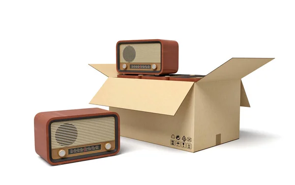 Representación 3d de radios anticuadas en caja de cartón . — Foto de Stock