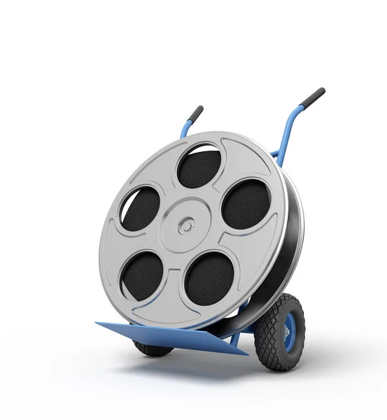 3d close-up rendering of film reel on blue hand truck. — 스톡 사진