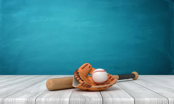 野球バット、ボールと手袋の白い木製の床と暗いターコイズの背景の3Dレンダリング — ストック写真