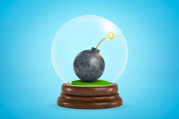 3D візуалізація чорної кулькової бомби з палаючим запобіжником всередині снігового глобуса на світло-блакитному градієнтному фоні . — стокове фото