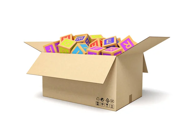 3d representación de bloques ABC en caja de cartón . — Foto de Stock