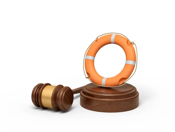 3d rendering of orange lifebuoy on sounding block with gavel lying beside. — 图库照片