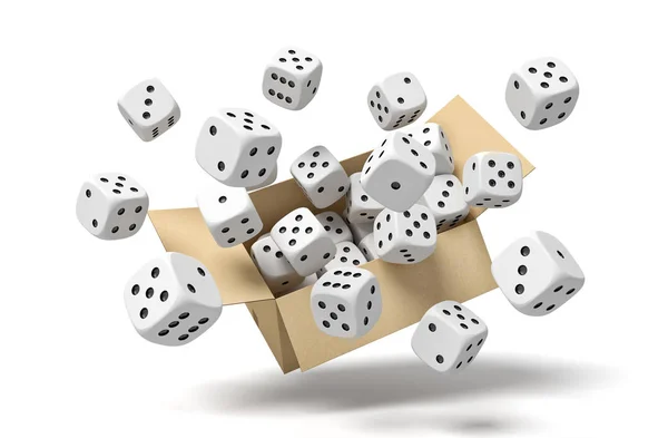 3d rendering of cardboard box in air full of white dice with black spots which are flying out and floating outside. — Stock Photo, Image