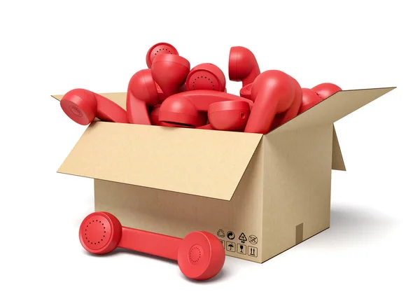3d representación de la caja de cartón lleno de receptores de teléfono fijo rojo . — Foto de Stock
