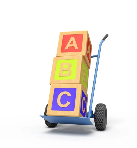 3d rendu de blocs de jouets alphabet coloré montrant le signe ABC sur un camion à main — Photo