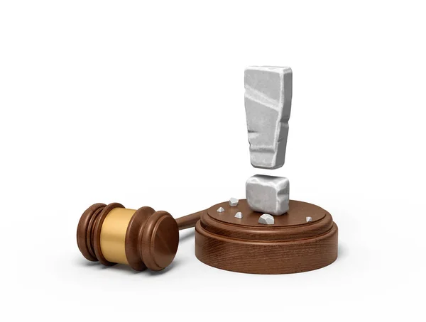 3d rendering of stone exclamation mark standing on sounding block with gavel beside. — Stock Photo, Image