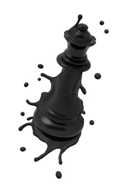 3D zbliżenie renderowanie czarny topnienia szachy królowej izolowane na białym tle, rozpryskując czarne krople wokół. — Zdjęcie stockowe