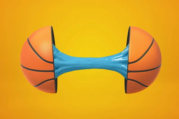 3D close-up renderização de metades de um basquete unido com lodo pegajoso azul de suas entranhas em fundo âmbar . — Fotografia de Stock