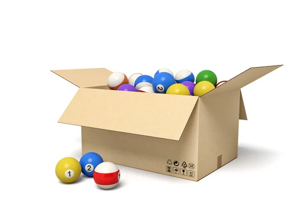 Rendering 3d di scatola di cartone piena di palline da biliardo colorate . — Foto Stock