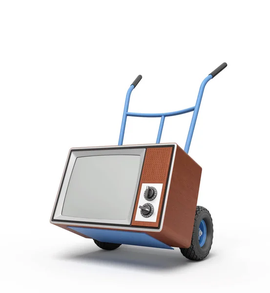 3d renderização de azul mão caminhão de pé em meia volta com marrom retro TV set sobre ele . — Fotografia de Stock