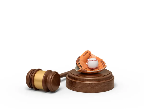 3d rendering of baseball and baseball glove lying on sounding block with judge gavel beside. — ストック写真