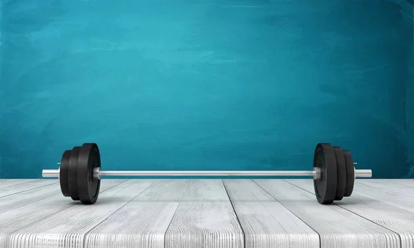3d rendering of barbell lying on wooden floor near blue wall with copy space. — Stock Photo, Image