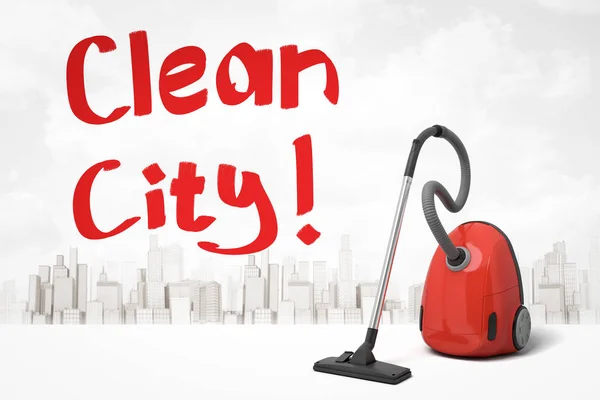 3d representación de aspiradora roja y título rojo Clean City contra fondo blanco con horizonte de la ciudad moderna . — Foto de Stock