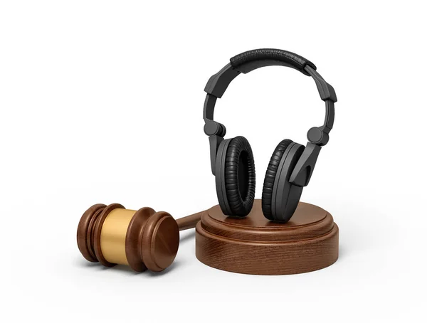 3D renderização de fones de ouvido pretos em pé no bloco de som com martelo juiz ao lado . — Fotografia de Stock
