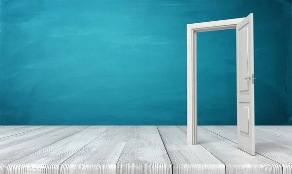 3d rendering of open white door standing on wooden floor near blue wall. — Stock Photo, Image