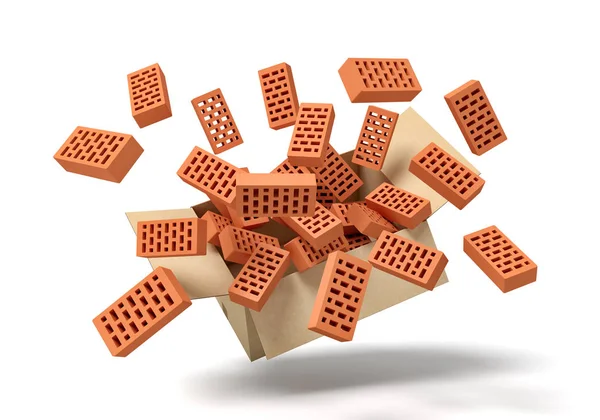 3d renderização de caixa de papelão suspenso no ar cheio de novos tijolos perfurados marrons que estão voando para fora . — Fotografia de Stock