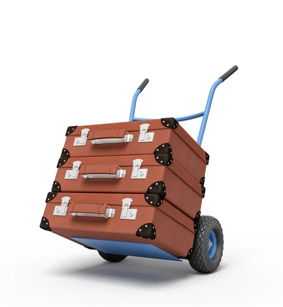 3d rendering of blue hand truck with stack of three brown suitcases on top. — Stockfoto