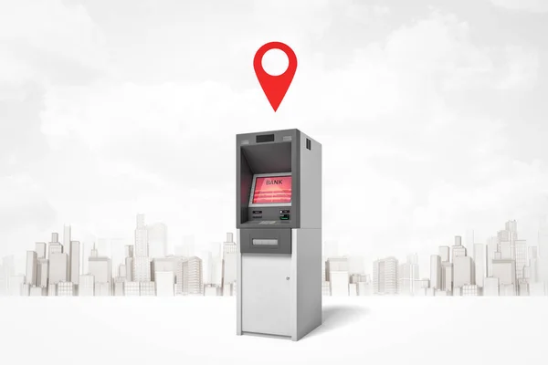 3d representación de ATM con pantalla roja, de pie sobre el fondo de la ciudad moderna gris y blanca, con geotag rojo en el aire por encima de ATM . — Foto de Stock