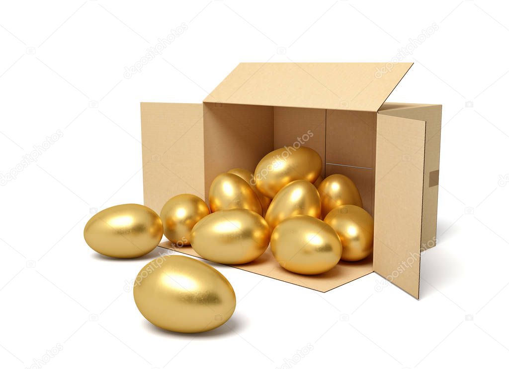 3d rendering of cardboard box lying sidelong full of golden eggs.