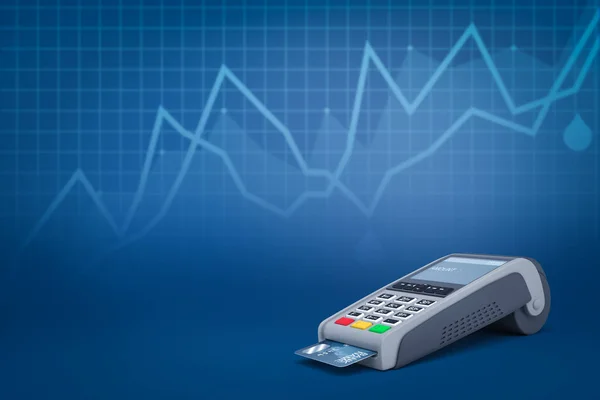 3d rendering of point-of-sale terminal with inserted card on blue background with line graphs and copy space. — Stock Photo, Image