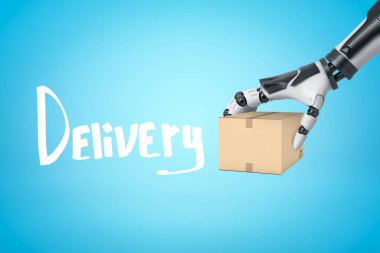 Mavi zemin üzerinde teslimat işareti olan karton kutunun 3 boyutlu görüntülenmesi