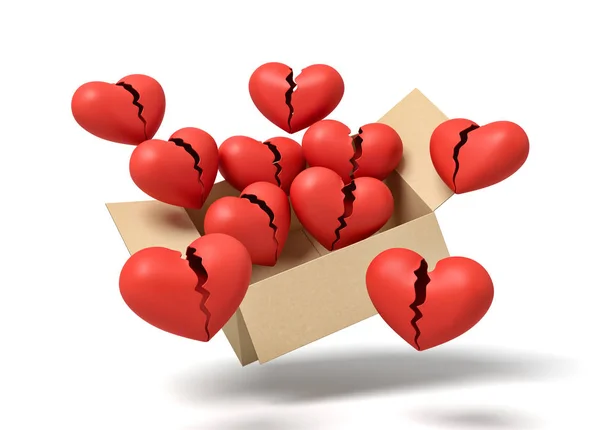3D renderização de corações quebrados vermelhos na caixa de papelão — Fotografia de Stock