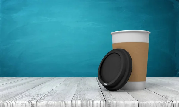 3D-Rendering einer Kaffeetasse aus Papier auf weißem Holzboden und dunkeltürkisfarbenem Hintergrund — Stockfoto