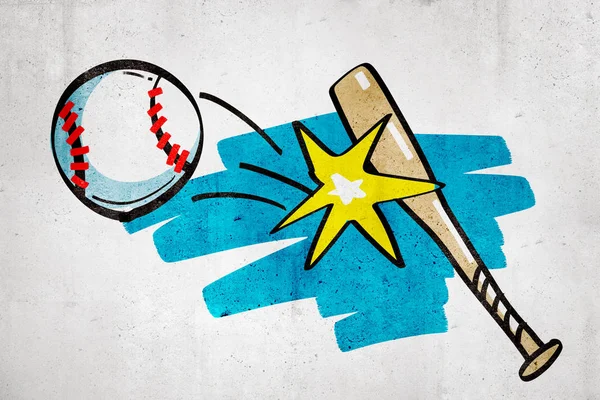 3d rendering of cartoon baseball bat hitting baseball ball on white wall background — 스톡 사진