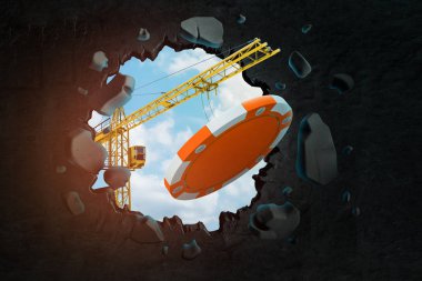 İnşaat vinci ve turuncu kumarhanenin 3D görüntüsü siyah duvarı yıkıyor.