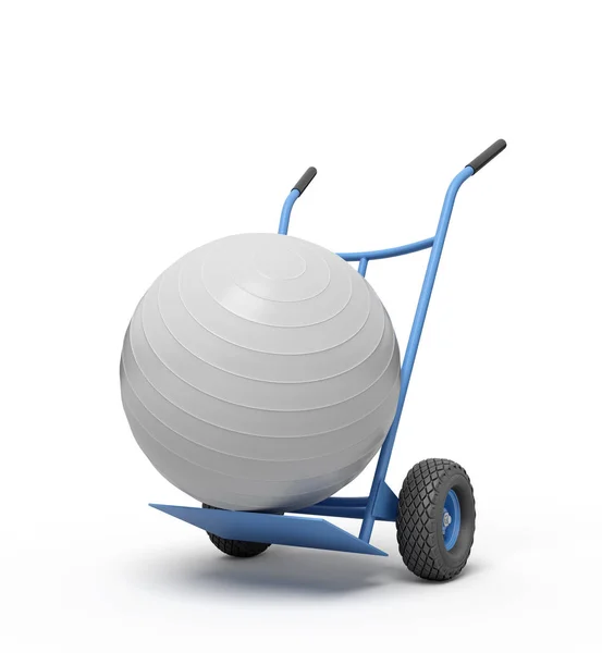 3D renderização de bola de exercício de ioga branco no caminhão de mão azul . — Fotografia de Stock