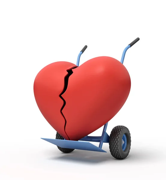 3d renderização de quebrado grande coração vermelho em um caminhão de mão — Fotografia de Stock