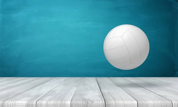 3d rendering of a white volleyball lying on wooden surface near blue wall with copy space. — Stock Photo, Image