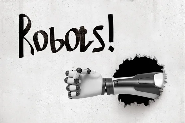 3D απόδοση τσιμεντένιου τοίχου με τίτλο Ρομπότ και ρομποτικό χέρι που έχει σπάσει πίσω από τον τοίχο. — Φωτογραφία Αρχείου