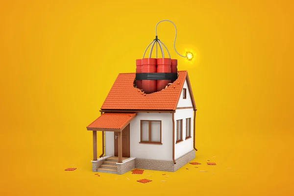 3d rendering of small one-storey house with broken roof and enormous bundle of dynamite sticking out of hole on amber background. — Stock Photo, Image