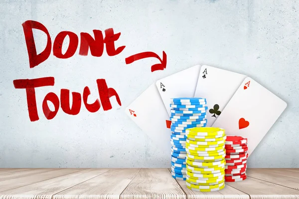 3d rendering of casino tokens and playing cards on white wooden floor with Dont touch sign on white wall background