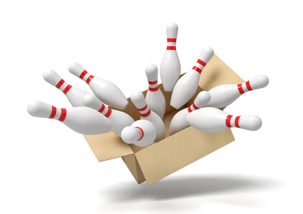 3d rendering of cardboard box full of white bowling pins in mid-air — Stok fotoğraf