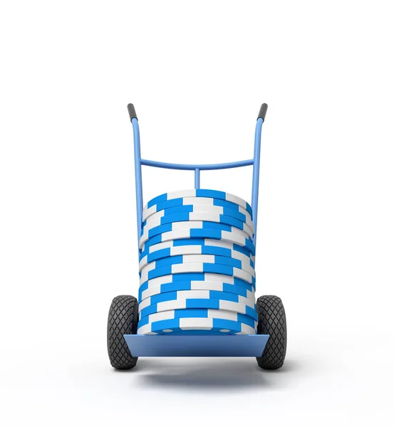 3d representación de pila de fichas de póquer azul y blanco en camión de mano azul . — Foto de Stock