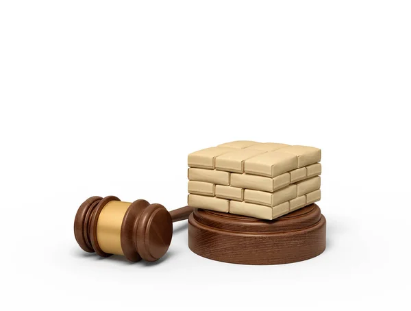 3d rendering of masonry work on round wooden block and brown wooden gavel — Stockfoto