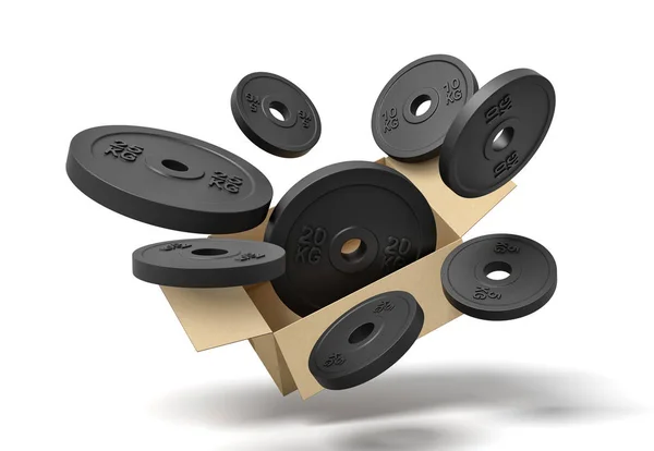 3d rendering of cardboard box in air full of black weight plates which are flying out and floating outside. — 스톡 사진