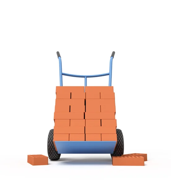 3d rendering di pila di mattoni rossi perforati su camion mano blu con diversi mattoni a terra . — Foto Stock